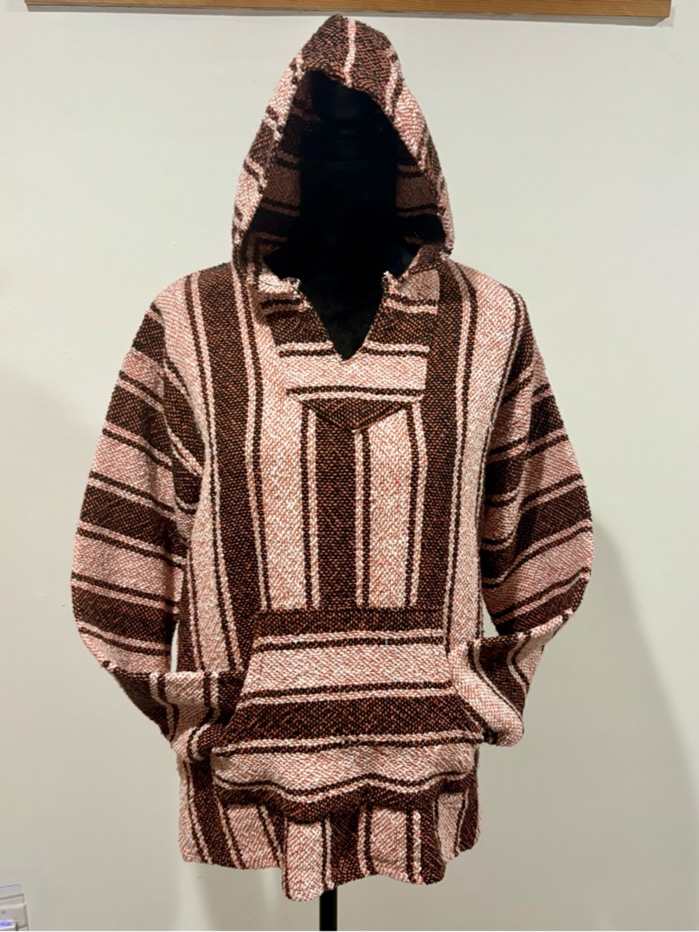 Striped Hooded Baja Pullover in orange and brown